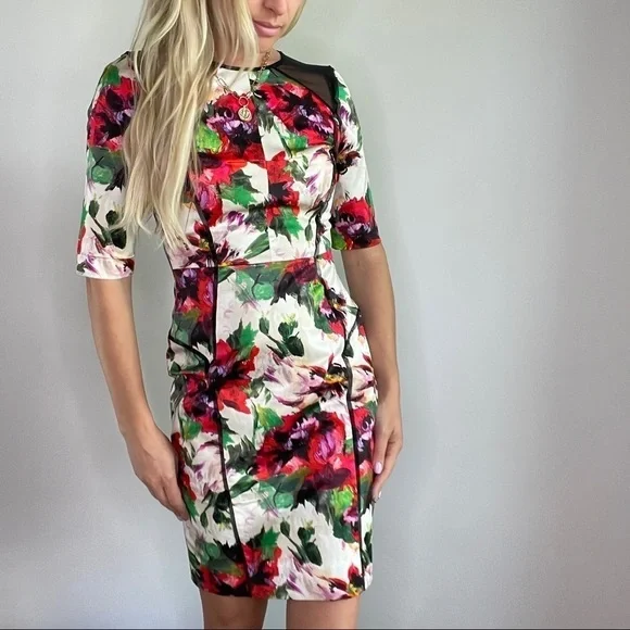 Milly New York Floral Sheath Dress with Mesh Inset & Piping - Picture 8 of 16